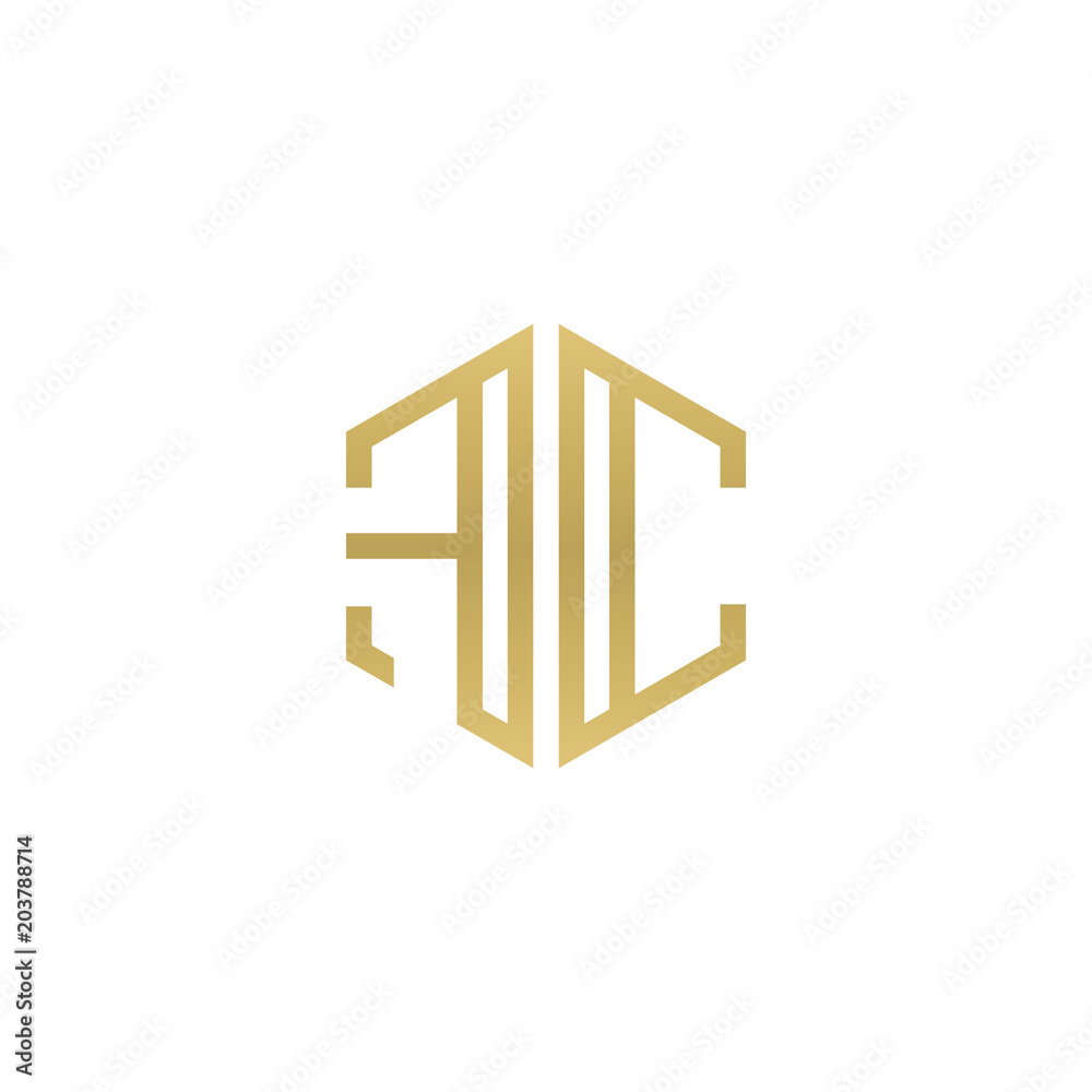 Initial letter FC, minimalist line art hexagon shape logo, gold color