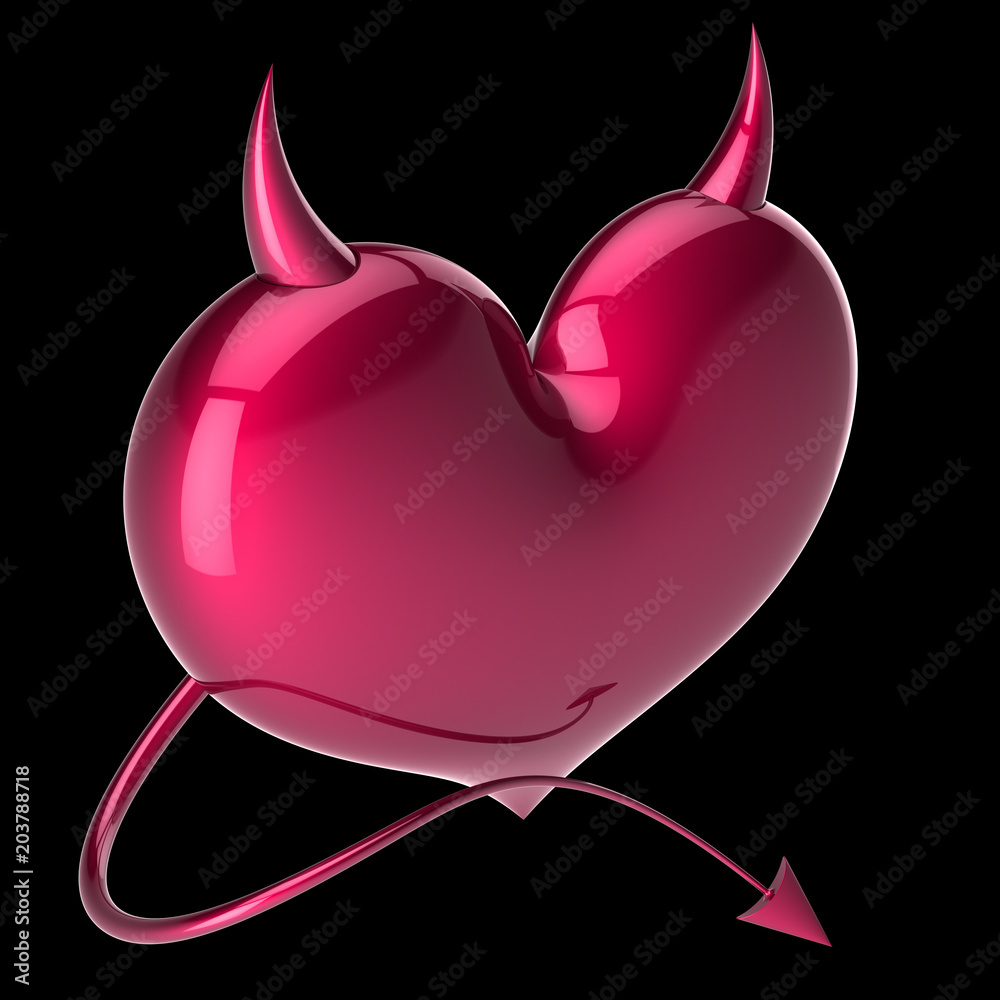 Fake love poison, red devil heart abstract, demon, lover divorce lies  concept with horns and tail. Valentine's Day greeting card funny design  element. 3d illustration, black background Stock Illustration | Adobe Stock