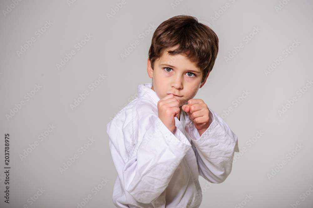 Portrait of a karate kid posing isolated on white background. Portrait of a karate kid posing isolated on white background.