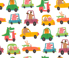 Fototapete Tiermuster mit Fahrzeugen Lustige Autofahrer Muster für Kinderzimmer  © los_ojos_pardos
