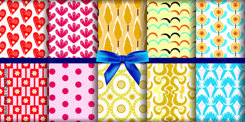 Set of autumn backgrounds. Collection of cute seamless patterns. Vector illustration.