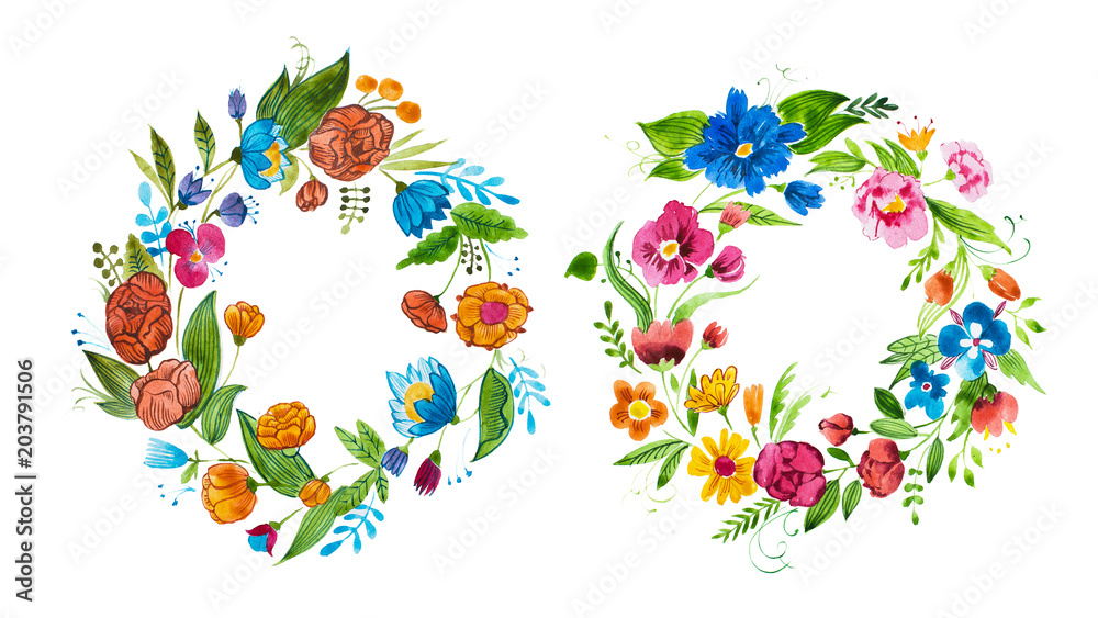 Aquarelle floral composition for card design or decoration element. Isolated hand drawn watercolor wreath composed of bright flowers and leaves