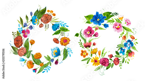 Aquarelle floral composition for card design or decoration element. Isolated hand drawn watercolor wreath composed of bright flowers and leaves