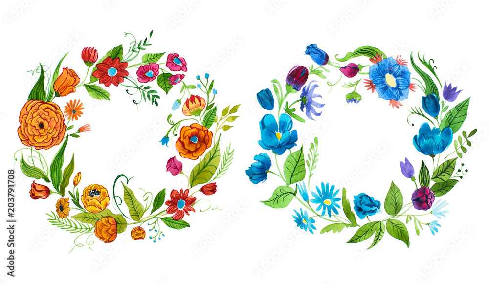 Watercolor illustration of floral diadem made of orange, red and pink flowers