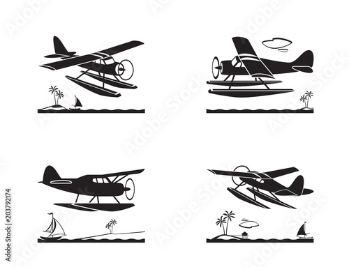Принти на полотні Seaplane in flight over sea - vector illustration