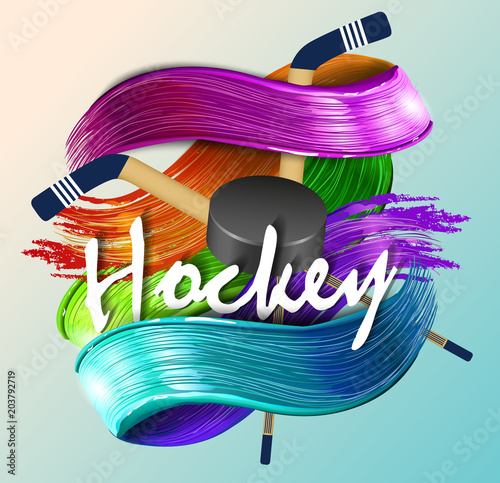vector background with text sports hockey, equipment, hockey stick and puck