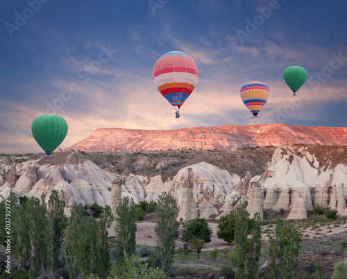 Colorful hot air balloons flying over Red valley in Cappadocia, Anatolia, Turkey