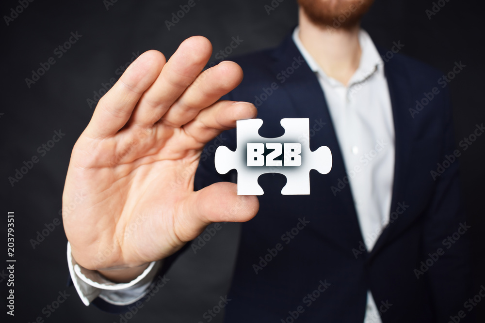 Businessman holding a puzzle with the inscription:B2B Businessman holding a puzzle with the inscription:B2B