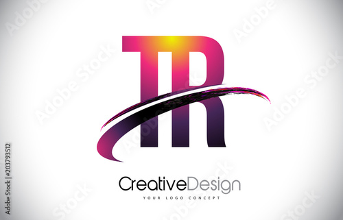 TR T R Purple Letter Logo with Swoosh Design. Creative Magenta Modern Letters Vector Logo.