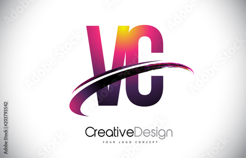 VC V C Purple Letter Logo with Swoosh Design. Creative Magenta Modern Letters Vector Logo.