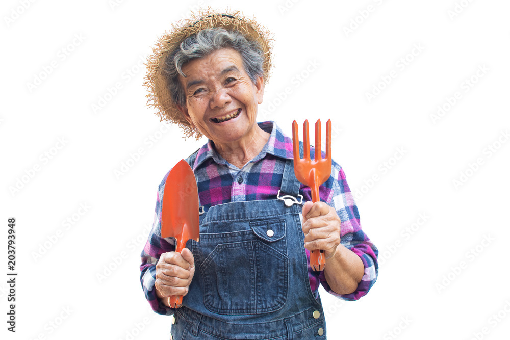 Happy old Asian gardener on a white background Happy old Asian gardener on a white background