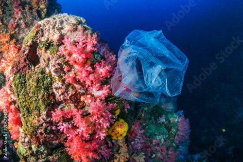 Fototapeta Naklejka Na Ścianę i Meble -  Plastic Pollution - a discarded plastic bag floats next to a colorful tropical coral reef