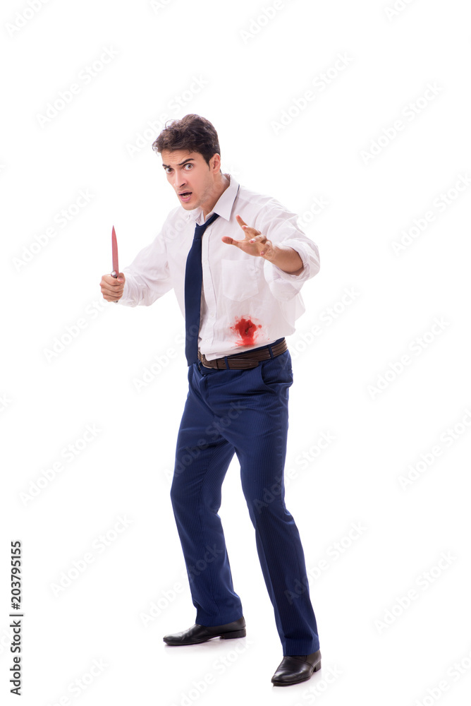 Wounded businessman with blood stains isolated on white backgrou Wounded businessman with blood stains isolated on white backgrou