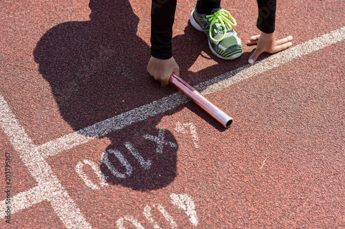 Student prepare to leaving the starting for relay race at school sports day. School sports day concept.