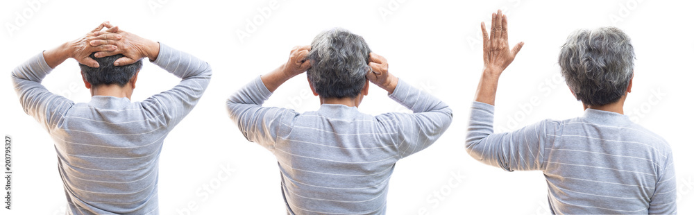 Back of old Asian woman standing on a white background Back of old Asian woman standing on a white background