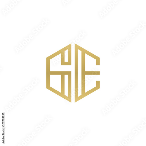 Initial letter GE  minimalist line art hexagon shape logo  gold color