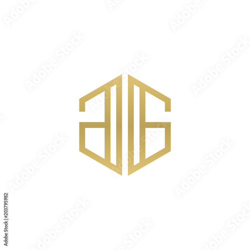 Initial letter GG mirror, minimalist line art hexagon shape logo, gold color