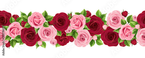 Vector horizontal seamless garland with burgundy and pink roses.