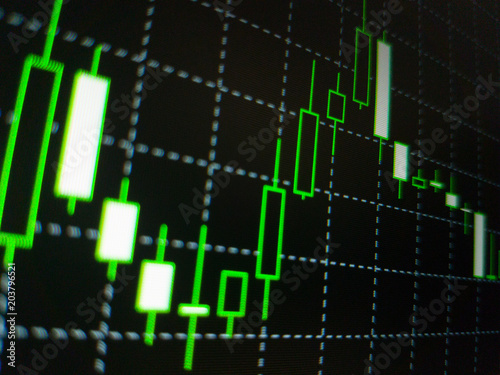 Abstract financial trading graphs on monitor. Background with currency bars and candles