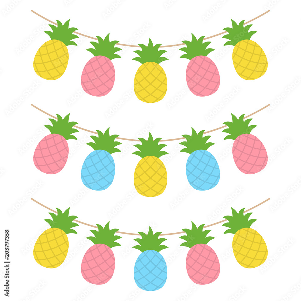 Colorful pineapple tropical fruit garland, set of summer party decoration, vector illustration. Colorful pineapple tropical fruit garland, set of summer party decoration, vector illustration.