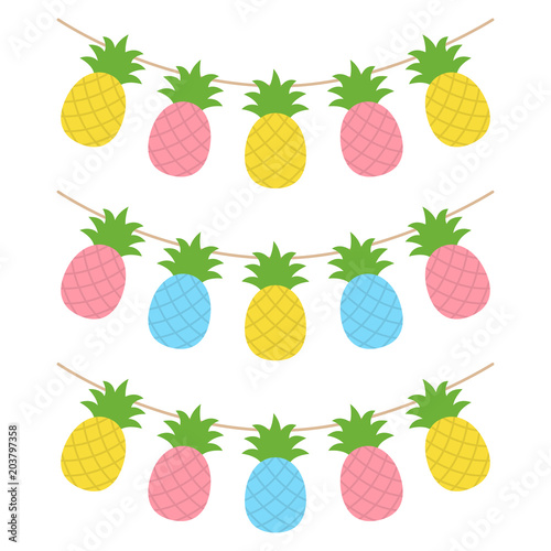 Colorful pineapple tropical fruit garland, set of summer party decoration, vector illustration.