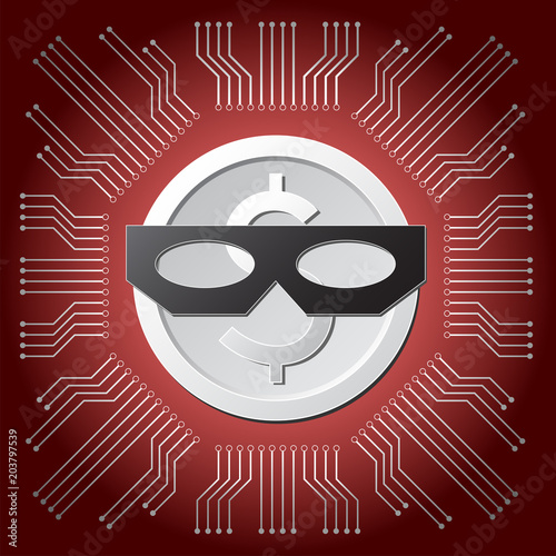 illustration vector of white dollar coin with black thief mask on red mainboard circuit background