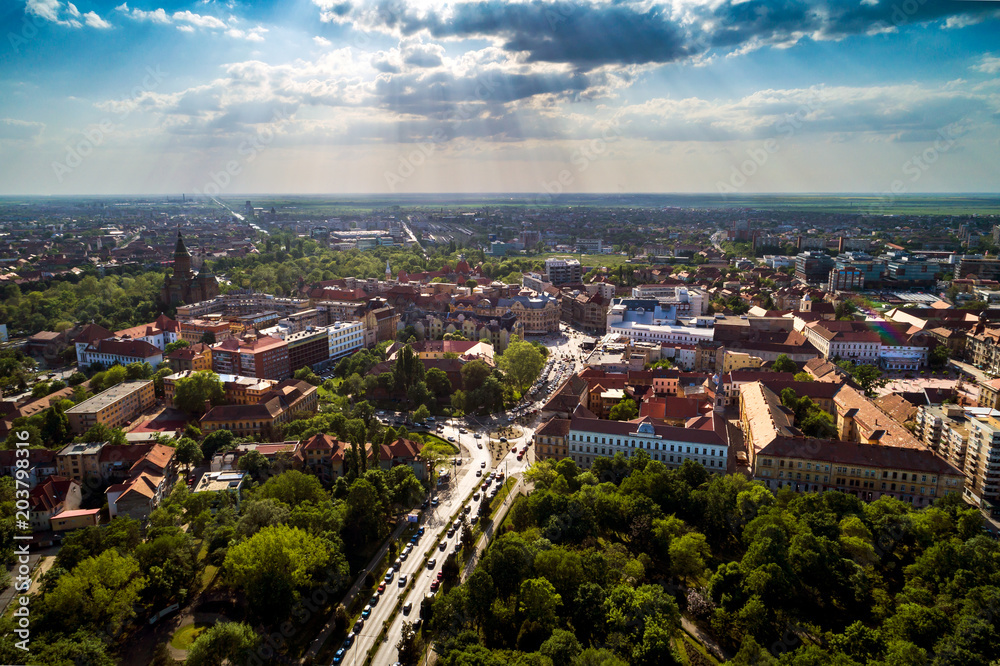 Aerial view in a beautifu cloudy summer day above Timisoara's historical center, Romania taken by a professional drone