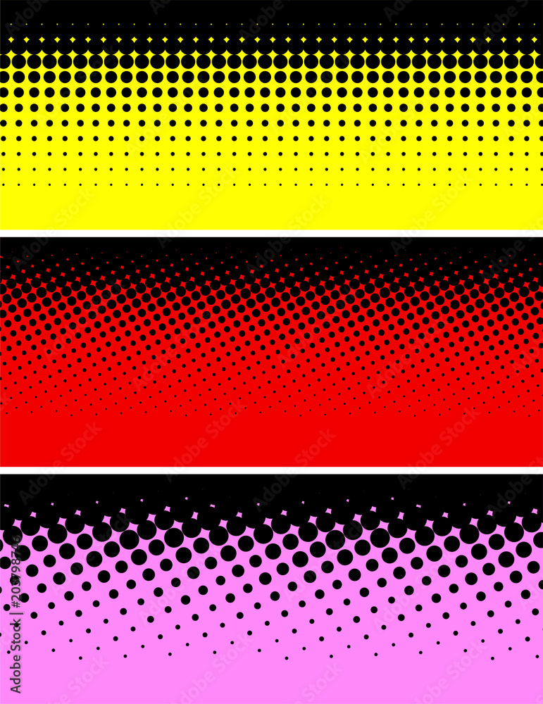 Three bright abstract dotted halftone backgrounds.