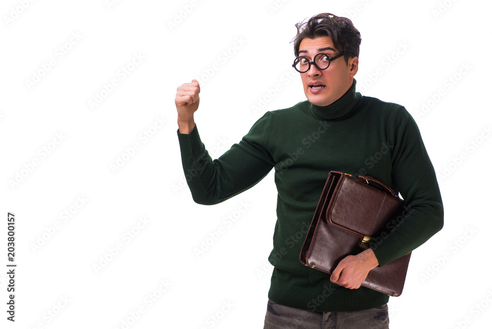Fototapeta premium Nerd businessman with briefcase isolated on white