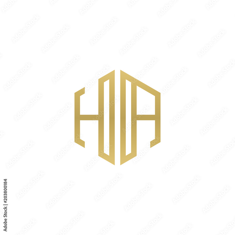 Initial letter HA, minimalist line art hexagon shape logo, gold color Initial letter HA, minimalist line art hexagon shape logo, gold color