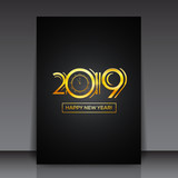 Happy New Year 2019 Greeting Card or Flyer Template Design - Countdown Golden Numbers with Bold Frame on Dark Background | EPS10 Vector Illustration Design