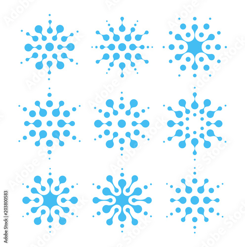 Water abstract icon set. Air conditioning and cleaning signs. Air humidity blue insignia. Liquid logo, shapes from connected dots, unusual logotype vector illustration on white background.