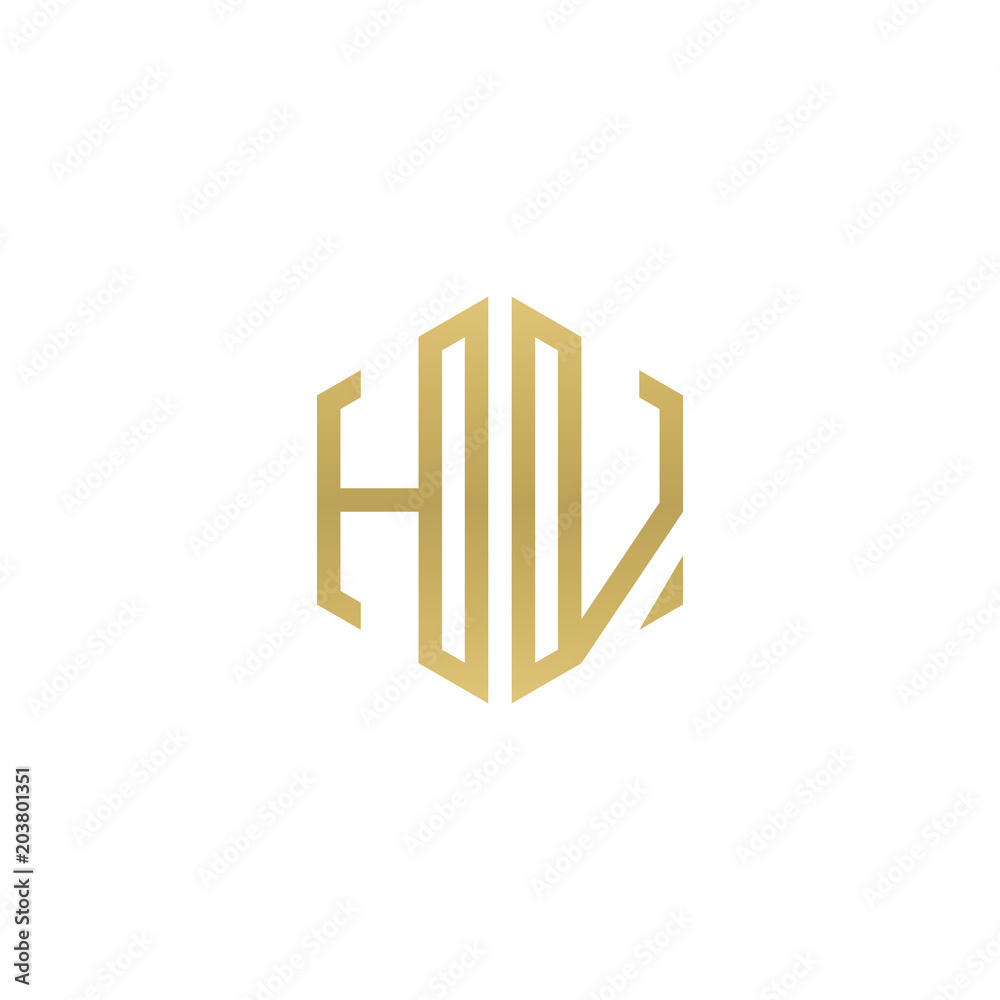 Initial letter HV, minimalist line art hexagon shape logo, gold color