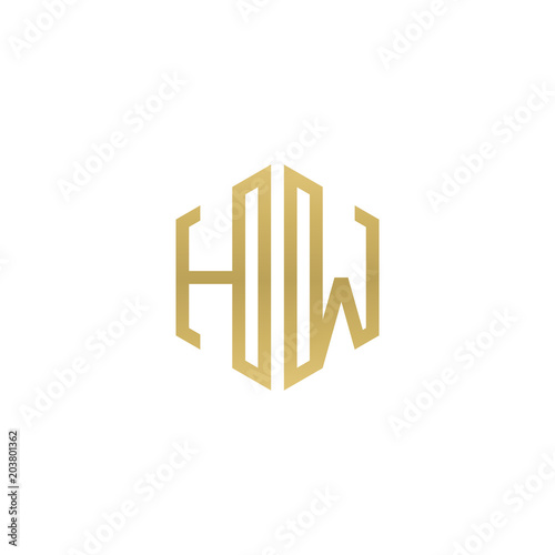 Initial letter HW, minimalist line art hexagon shape logo, gold color