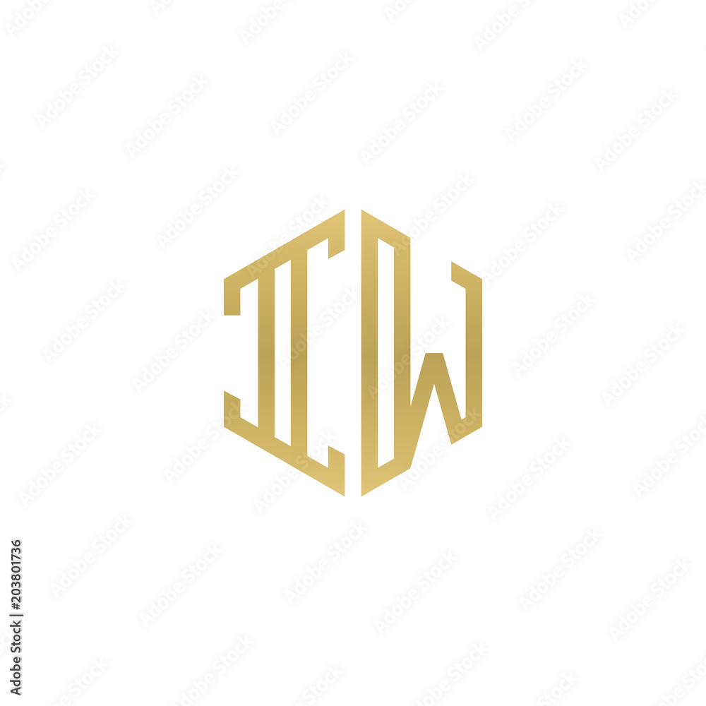 Initial letter IW, minimalist line art hexagon shape logo, gold color