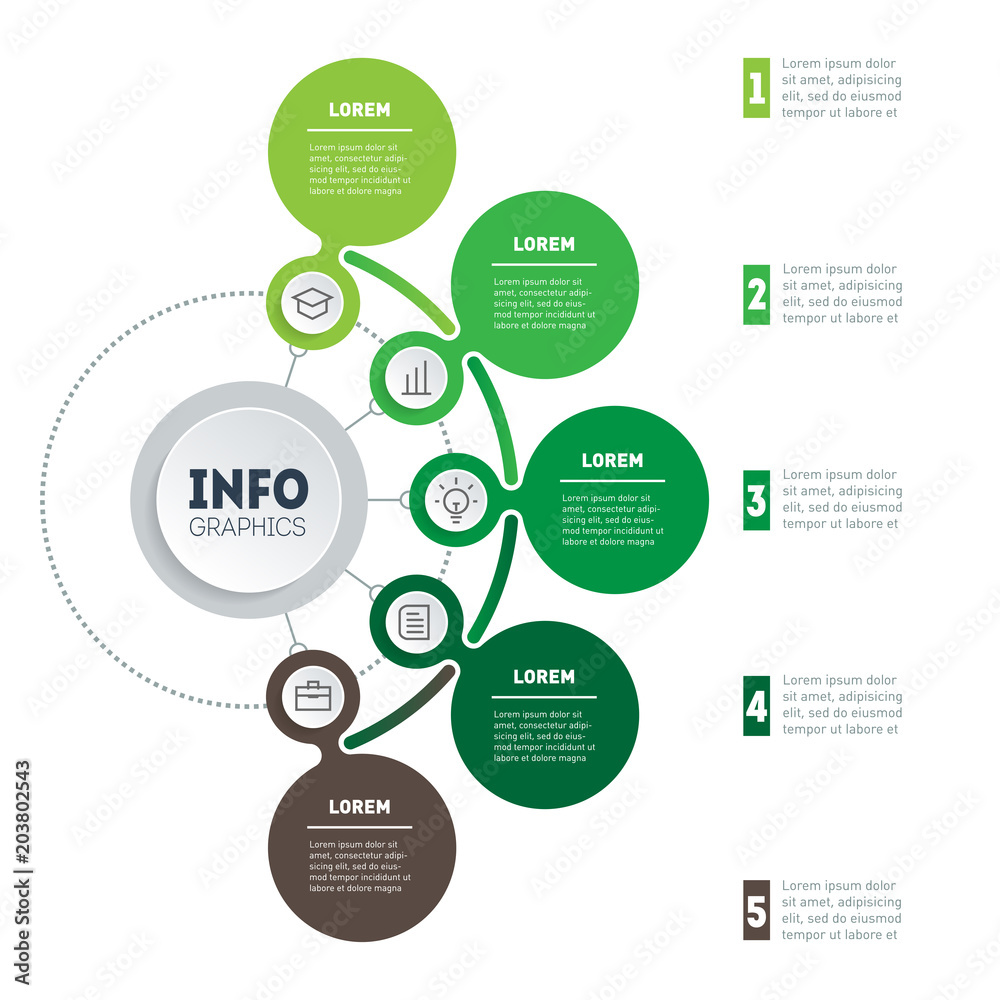 Fototapeta premium Infographic or eco Business presentation with 5 options. Vector dynamic infographics or mind map of technology or education process with 5 steps. Web Template of a chart, mindmap or diagram.