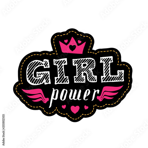Girl Power - fashion badge or patch. Embroidery with crown, wings and hearts for pin rock girl gang. Vector design element, or patches in vintage punk style. T-shirt apparels cool print for girls.