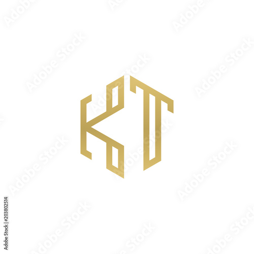 Initial letter KT, minimalist line art hexagon shape logo, gold color