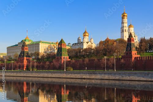 Moscow Kremlin against Moskva river embankment in sunny spring morning