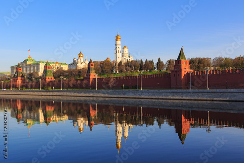 Reflection of Moscow Kremlin in Moskva river in spring sunny morning