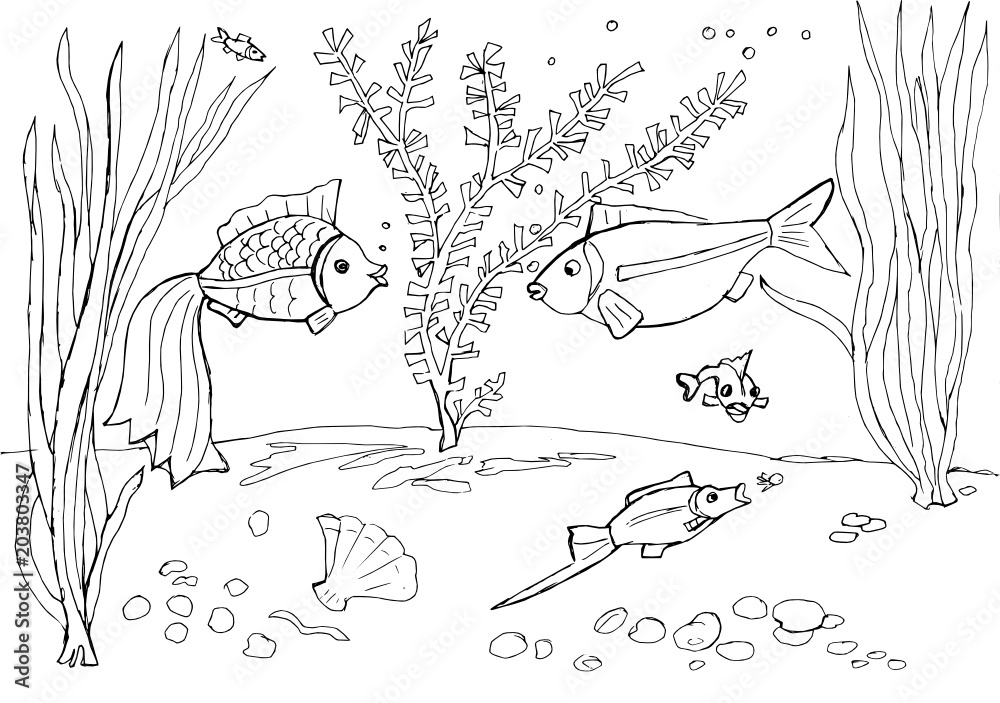 Contour drawing of the aquarium with decorative fishes for coloring Stock  Vector