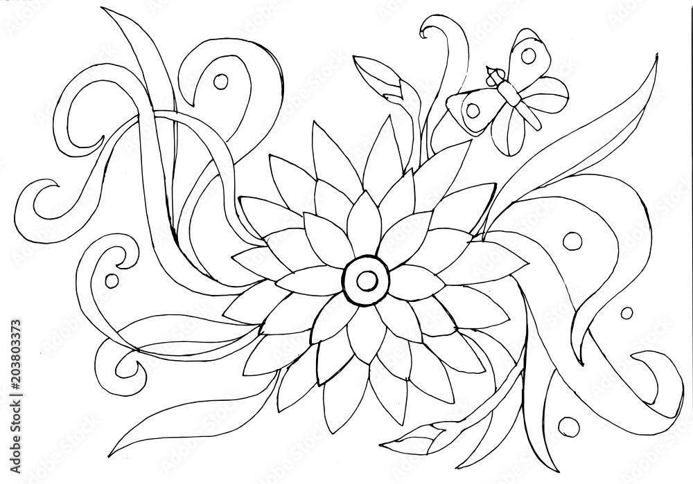 Fototapeta Outline drawing of a flower and butterfly for coloring