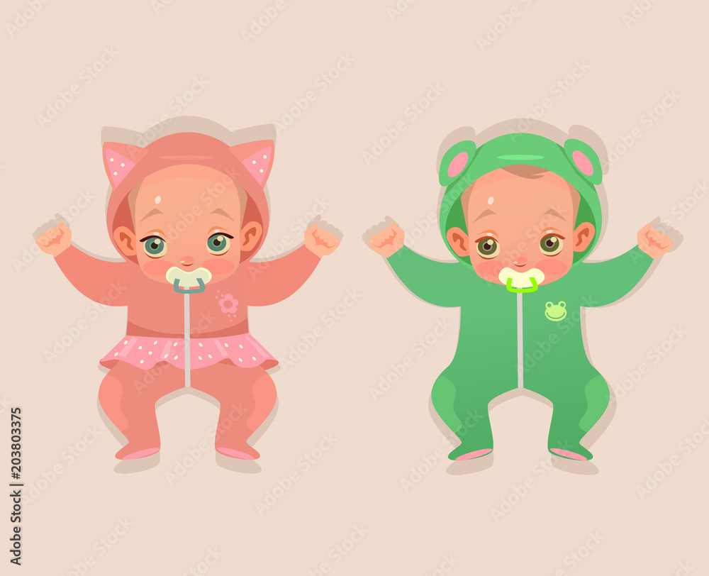 Two twins baby child character. Vector flat cartoon illustration Two twins baby child character. Vector flat cartoon illustration