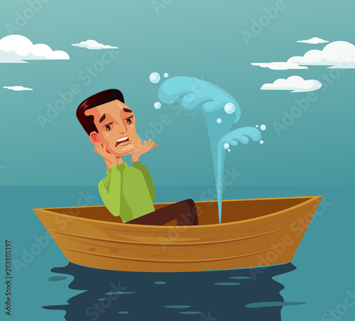 Frightened face expression man character sitting in broken boat. Accident disaster. Vector flat graphic design cartoon isolated illustration