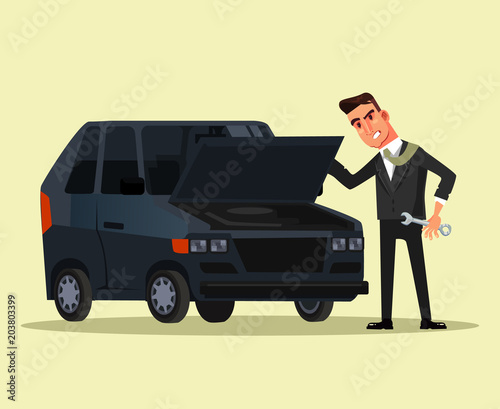 Angry businessman office worker character trying to fix broken car. Vector flat graphic design cartoon isolated illustration