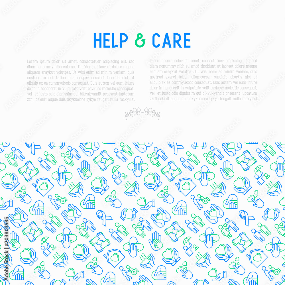 Help and care concept with thin line icons: symbols of support, help for children and disabled, togetherness, philanthropy and donation. Modern vector illustration, template for print media. Help and care concept with thin line icons: symbols of support, help for children and disabled, togetherness, philanthropy and donation. Modern vector illustration, template for print media.
