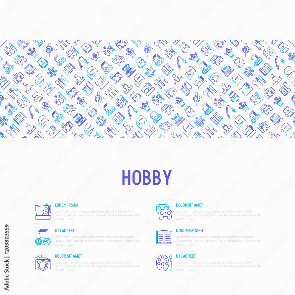 Hobby concept with thin line icons: reading, gaming, gardening, photography, cooking, sewing, fishing, hiking, yoga, music, travelling, blogging, knitting. Vector illustration, print media template. Hobby concept with thin line icons: reading, gaming, gardening, photography, cooking, sewing, fishing, hiking, yoga, music, travelling, blogging, knitting. Vector illustration, print media template.
