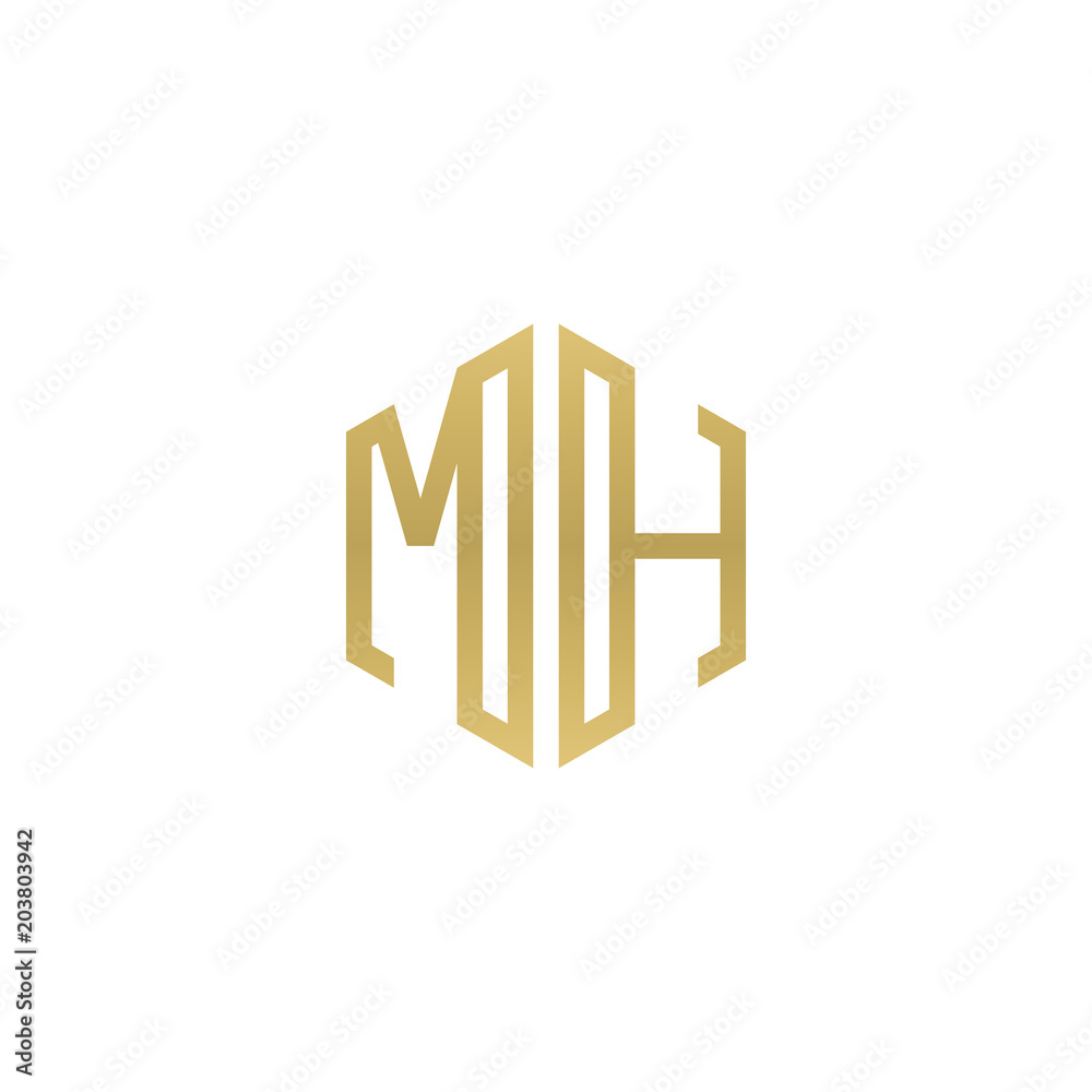 Initial letter MH, minimalist line art hexagon shape logo, gold color Initial letter MH, minimalist line art hexagon shape logo, gold color
