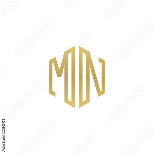 Initial letter MN, minimalist line art hexagon shape logo, gold color