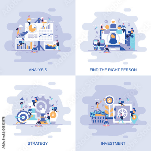 Modern flat concept web banner of Investment, Strategy, Analysis and Find the Right Person with decorated small people character.
